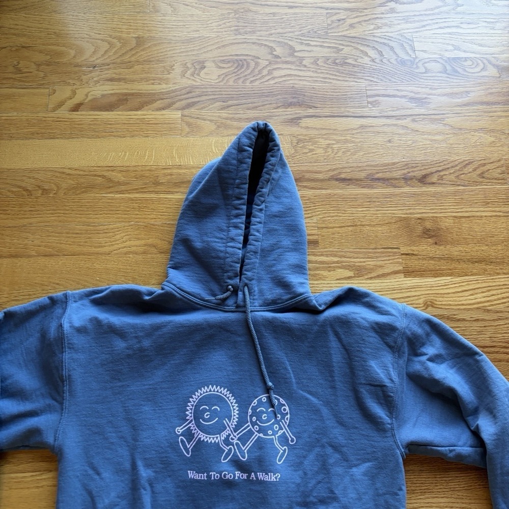 Lonely Ghost Hoodie Large Blue Want To Go For A Walk Puff Print Streetwear Indie - Picture 3 of 16